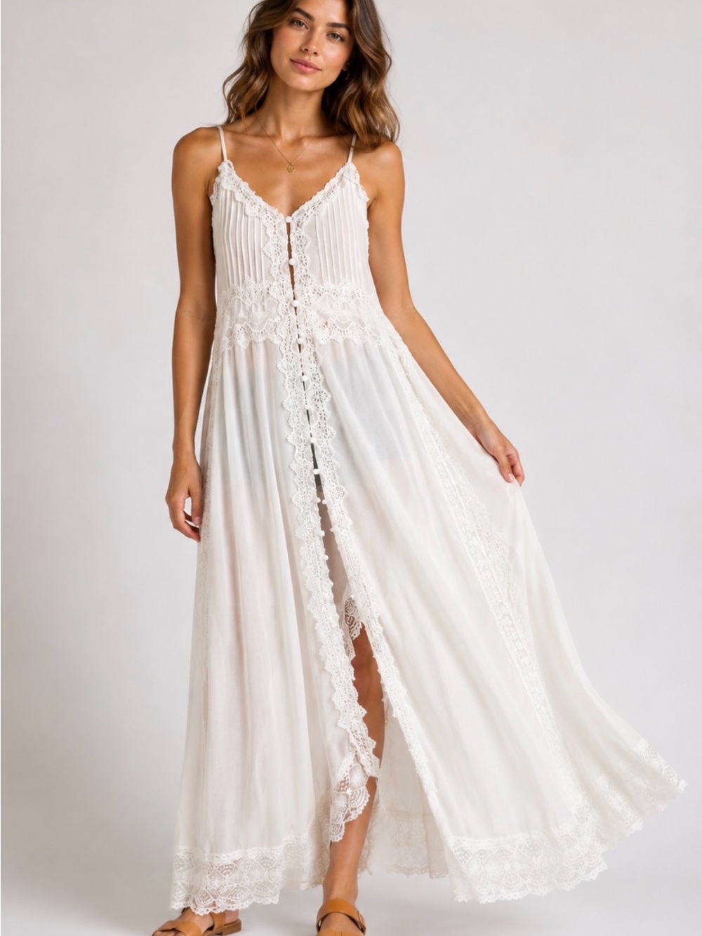Thirty Thirty LA Ivory Lace Maxi Duster Dress NWT Size M Boho Bridal